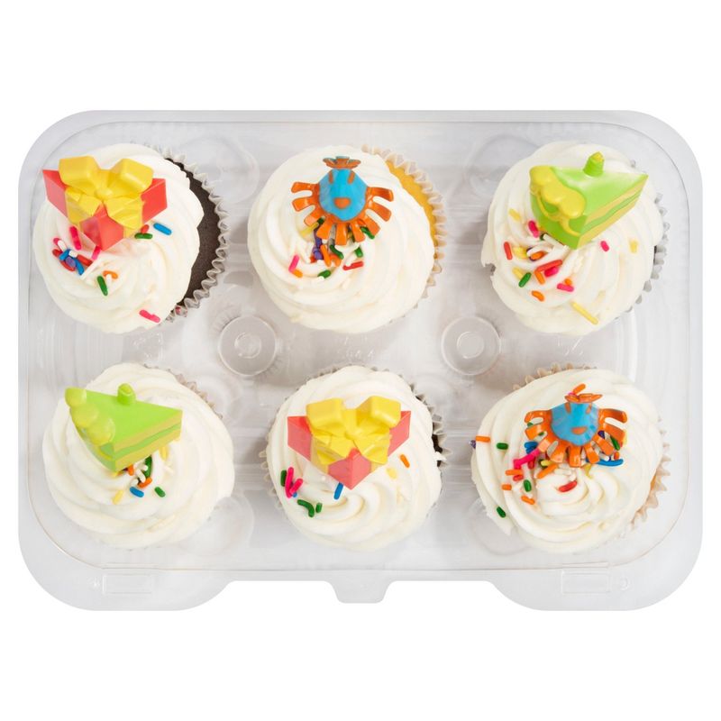 6 Pack Yellow &amp; Chocolate Cupcakes W/Vanilla Icing &amp; Picks