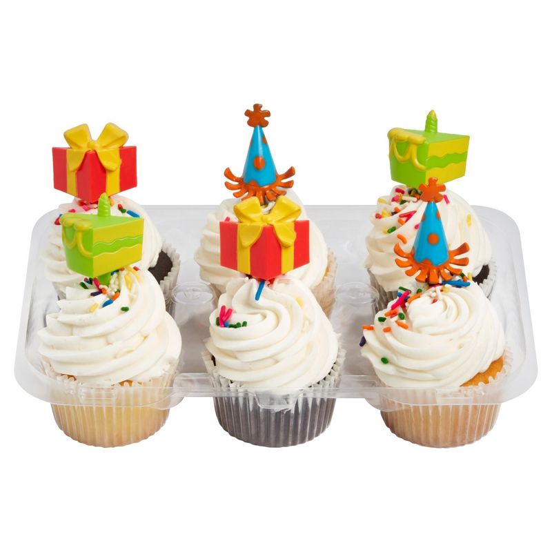 6 Pack Yellow &amp; Chocolate Cupcakes W/Vanilla Icing &amp; Picks
