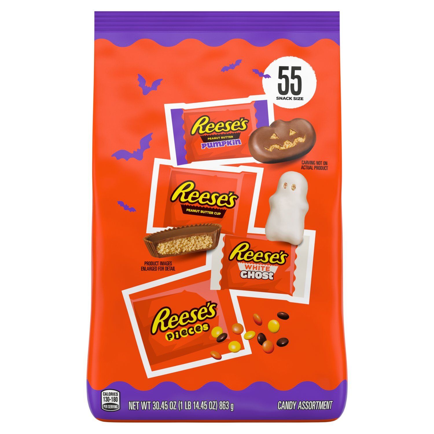 REESE'S Assorted Flavored Snack Size Peanut Butter, Halloween Candy Bag, 30.45 oz