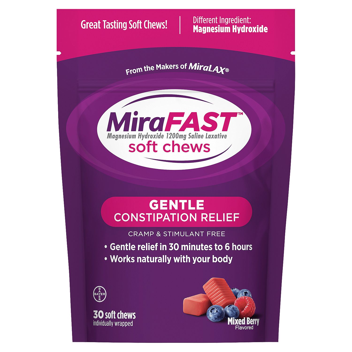 MiraFast Mixed Berry Flavored Gentle Constipation Relief, 30 count