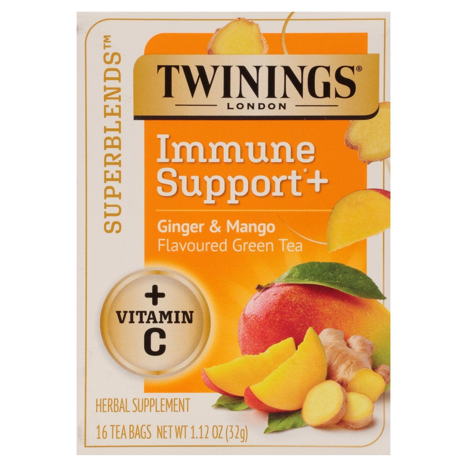 Twinings of London Superblends Ginger &amp; Mango Flavoured Herbal Supplement, 16 count, 1.12 oz