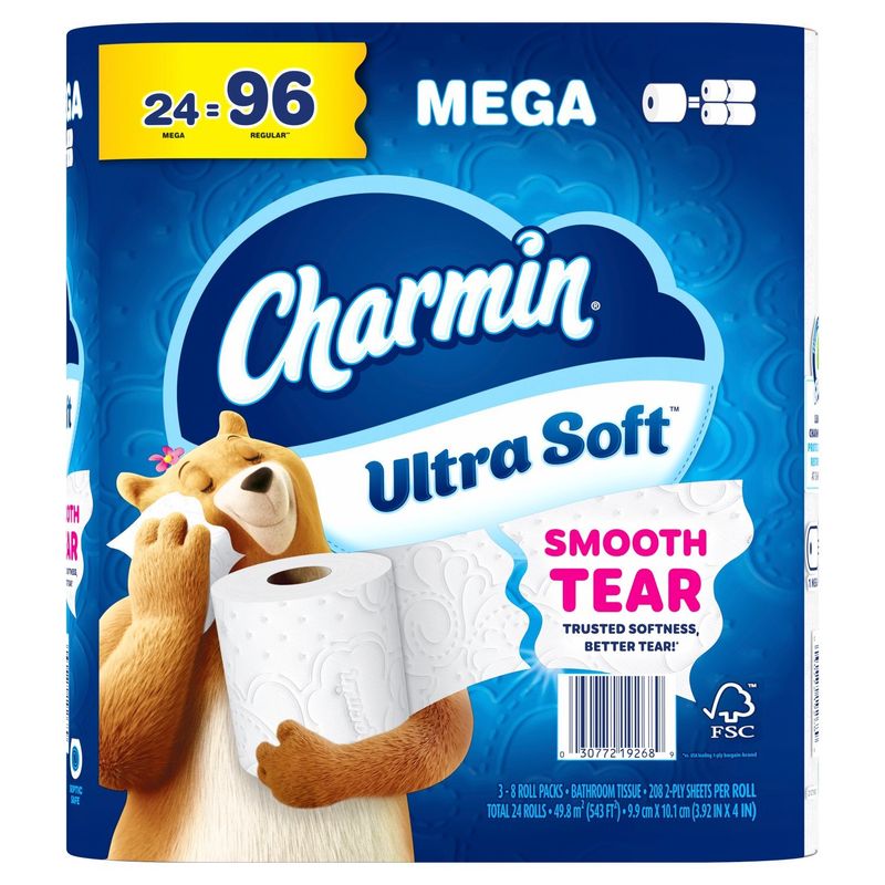 Charmin Ultra Soft Mega Toilet Paper, 208 2-ply sheets per roll, 24 count