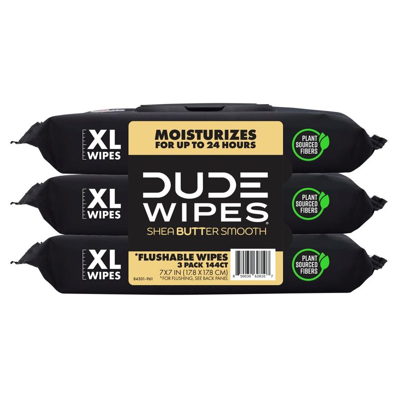 DUDE Wipes Shea Butter Smooth XL Flushable Wipes, 3 Pack, 144 Count