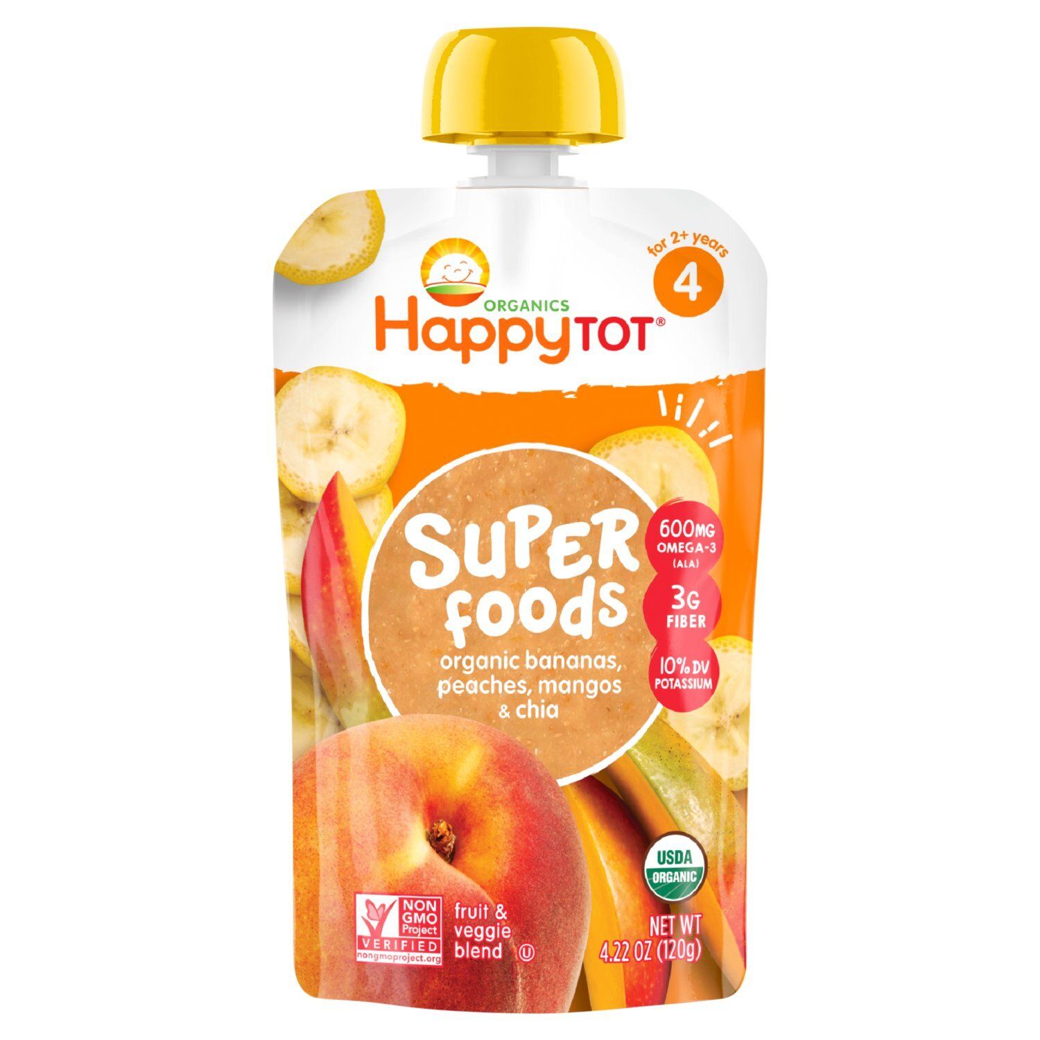 Happy Tot Organics Superfoods Stage 4 Organic Bananas, Peaches &amp; Mangos + Super Chia Pouch 4.22 oz.