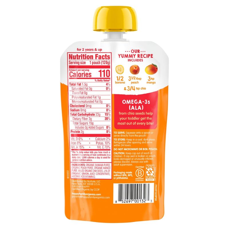 Happy Tot Organics Superfoods Stage 4 Organic Bananas, Peaches &amp; Mangos + Super Chia Pouch 4.22 oz.