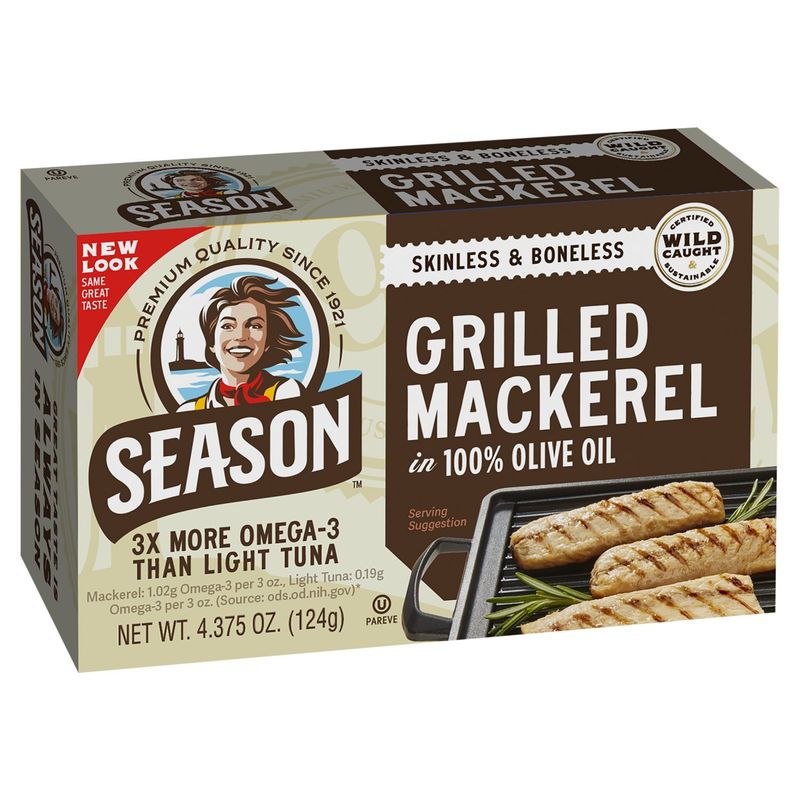 Season Skinless &amp; Boneless Grilled Mackerel in 100% Olive Oil, 4.375 oz