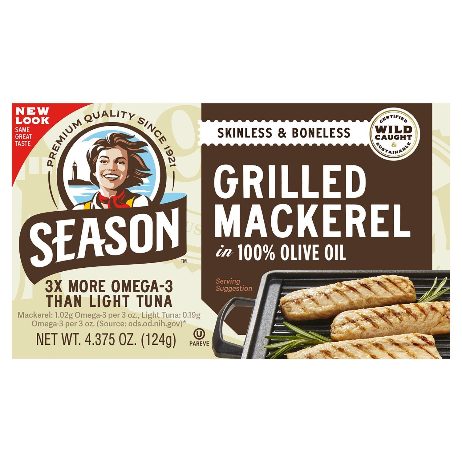 Season Skinless &amp; Boneless Grilled Mackerel in 100% Olive Oil, 4.375 oz