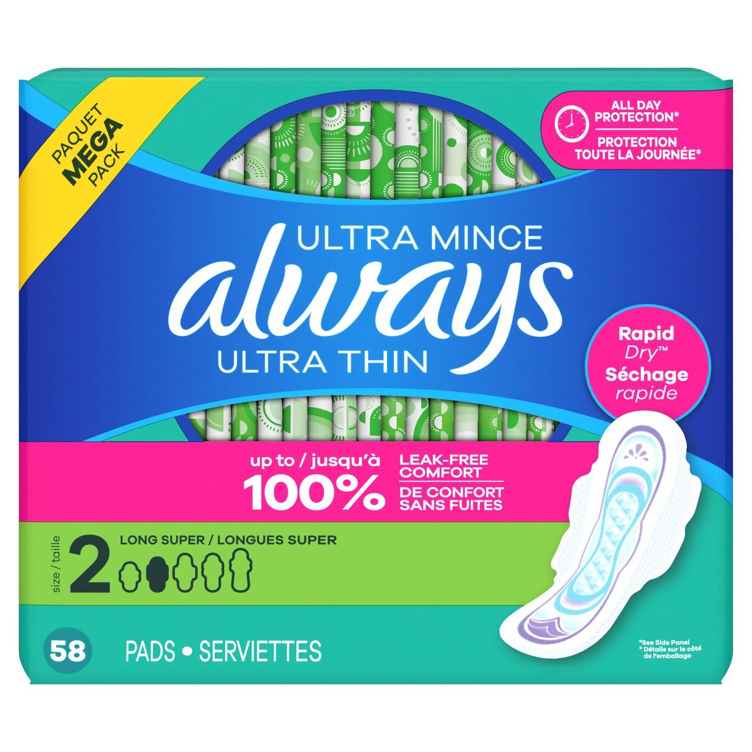 Always Ultra Thin Feminine Pads with Wings for Women, Size 2, Long Super Absorbency, Unscented, 58