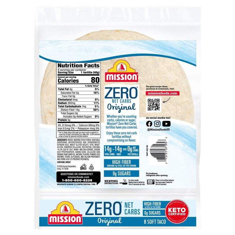 Mission Zero Net Carbs Original Tortilla Wraps, 8 count, 11.29 oz