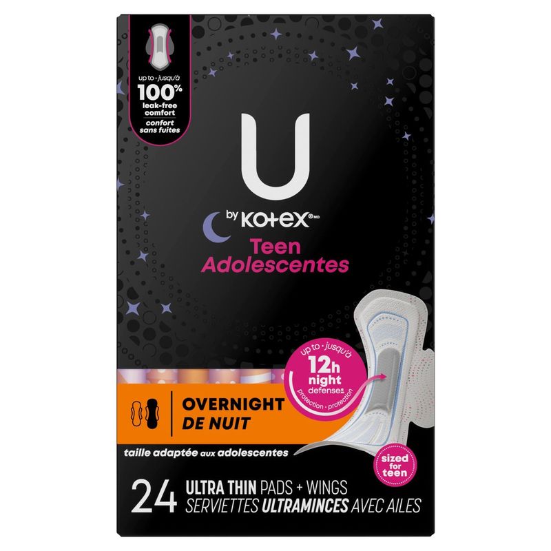U by Kotex Teen Sized Overnight Ultra Thin Pads + Wings, 24 count