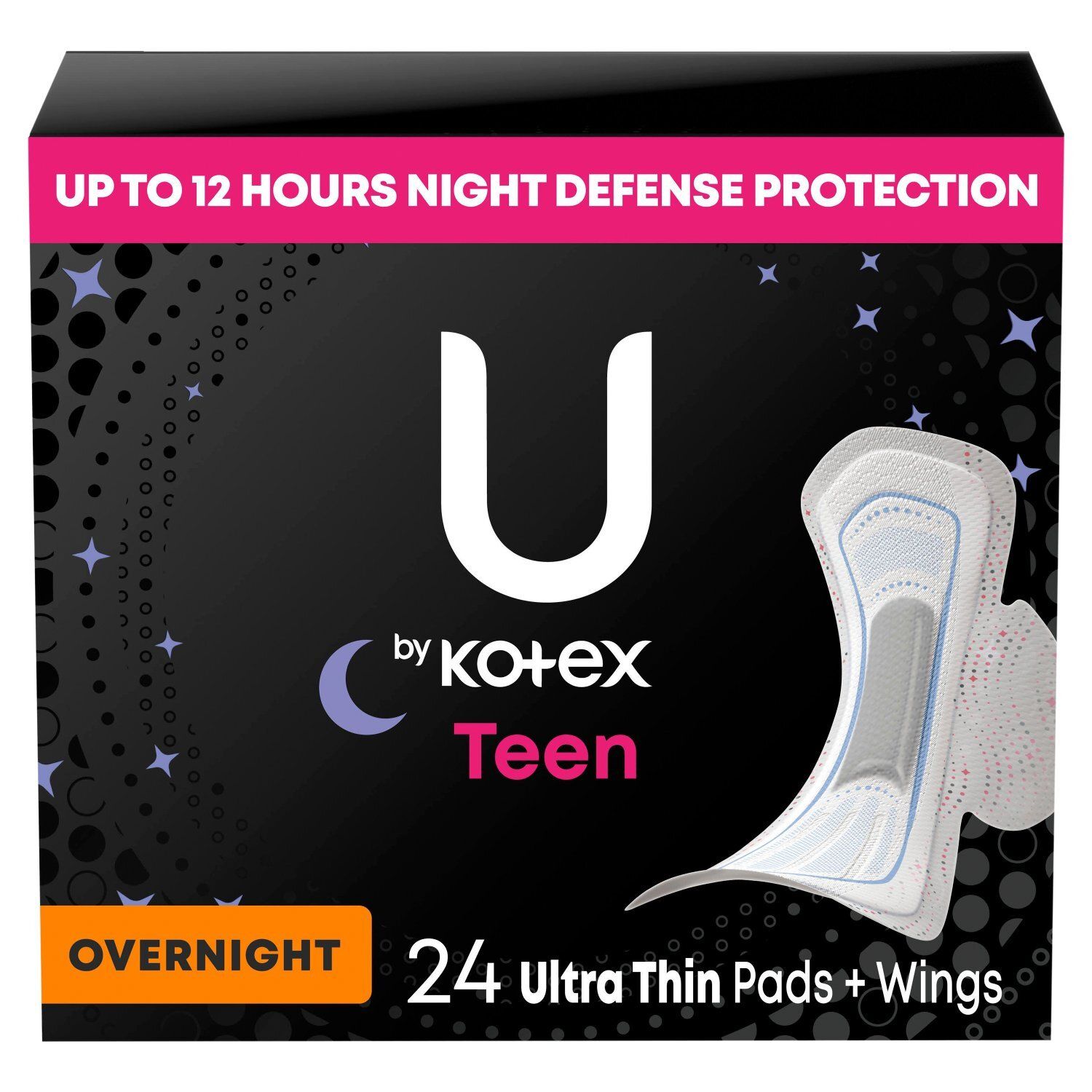 U by Kotex Teen Sized Overnight Ultra Thin Pads + Wings, 24 count