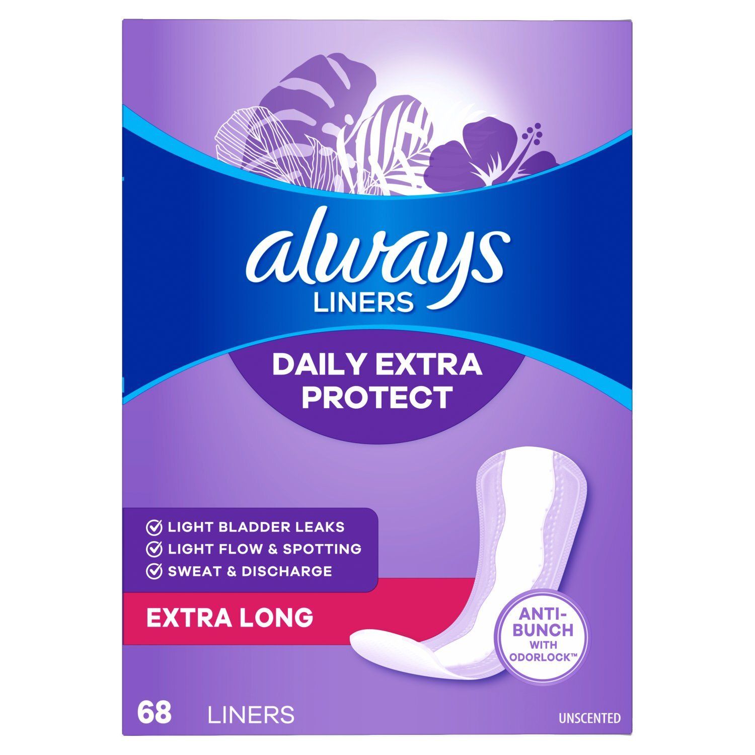 Always Daily Extra Protect Liners, Extra Long Length Length, Unscented Panty Liners, 68 Count