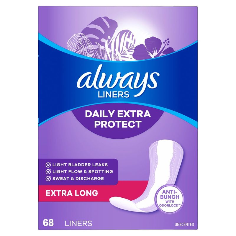 Always Daily Extra Protect Liners, Extra Long Length Length, Unscented Panty Liners, 68 Count