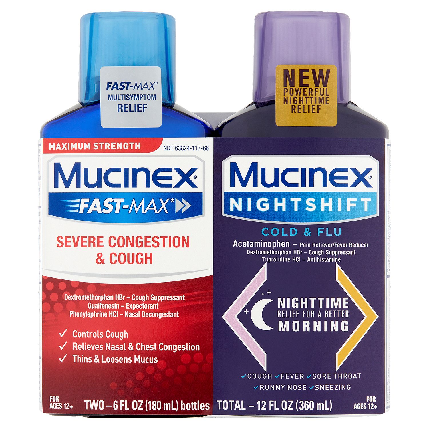 Mucinex Fast-Max Severe Congestion &amp; Cough and Nightshift Cold &amp; Flu Liquid, 6 fl oz, 2 count