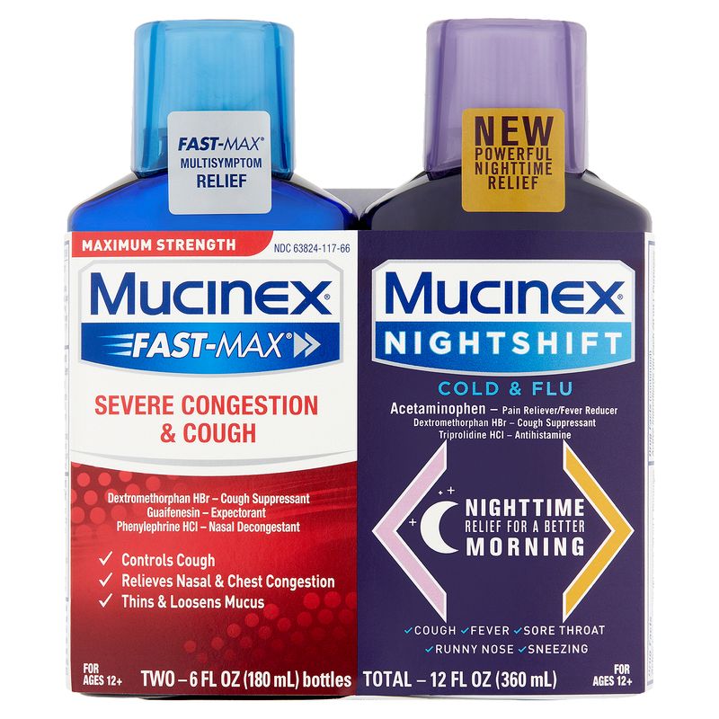Mucinex Fast-Max Severe Congestion &amp; Cough and Nightshift Cold &amp; Flu Liquid, 6 fl oz, 2 count