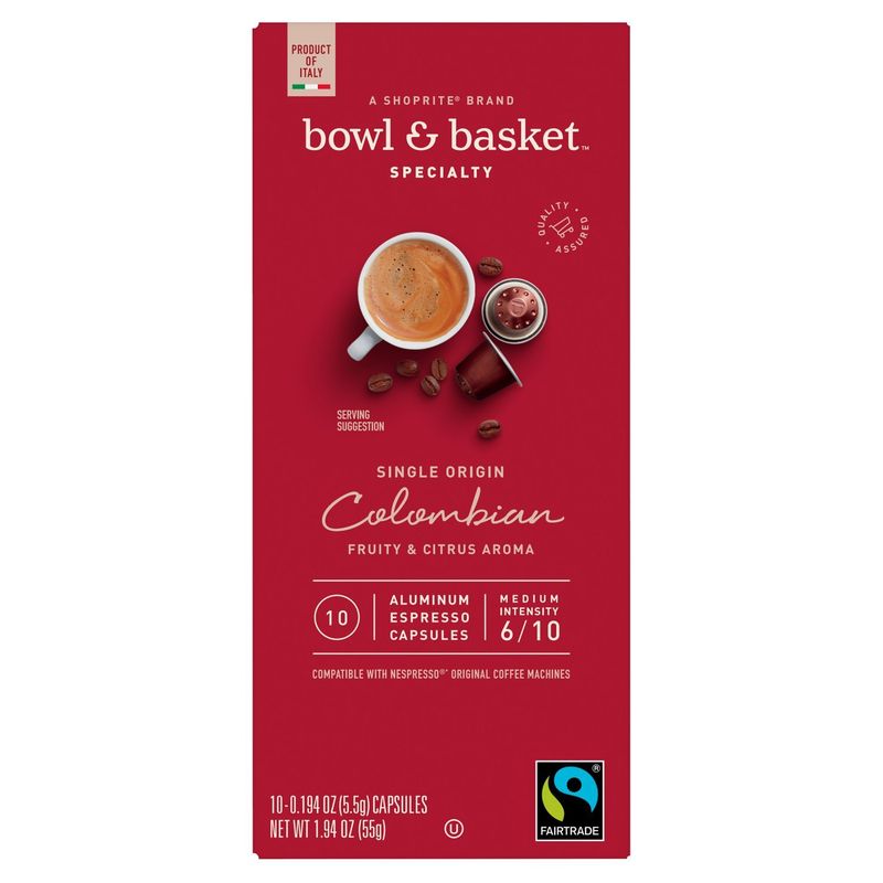 Bowl &amp; Basket Specialty Colombian Aluminum Espresso Capsules, 0.194 oz, 10 count