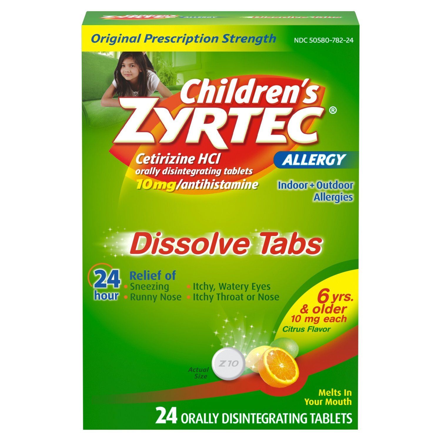 Zyrtec Children's Indoor + Outdoor Allergies Citrus Flavor Dissolve Tabs, 6yrs &amp; Older, 24 count