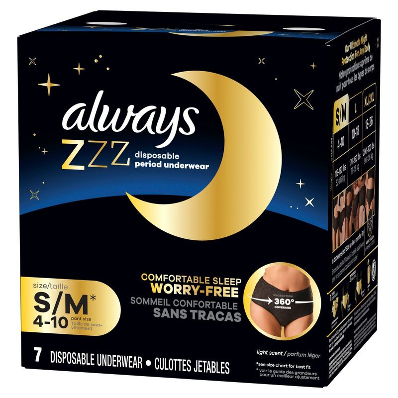 Always ZZZ Light Scent Disposable Period Underwear, Size S/M, 360° coverage, 7 count