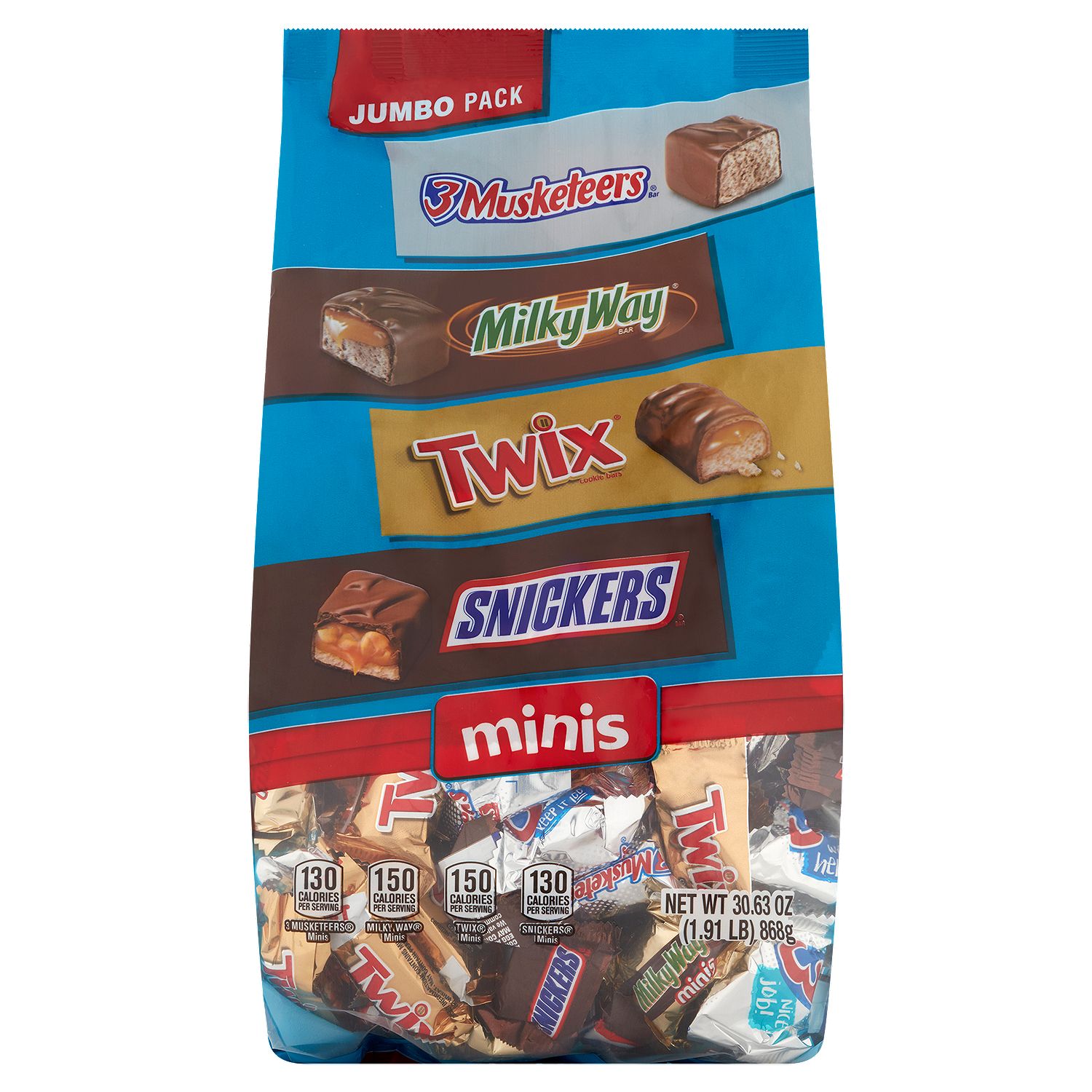 Mars Variety Bag 3 Musketeers, Milky Way, Twix and Snickers Candies Minis Jumbo Pack, 30.63 oz