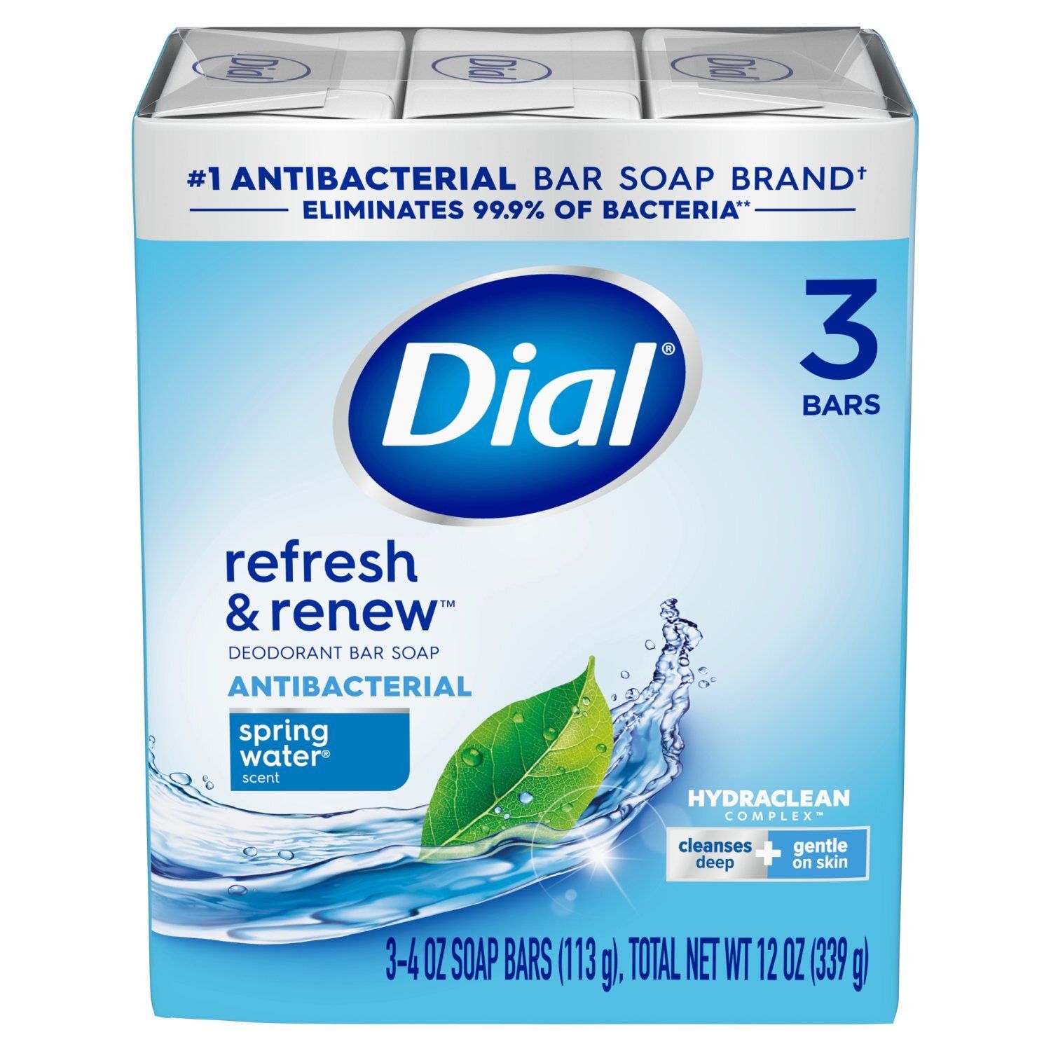Dial Refresh &amp; Renew Spring Water Scent Antibacterial Deodorant Bar Soap, 4 oz, 3 count
