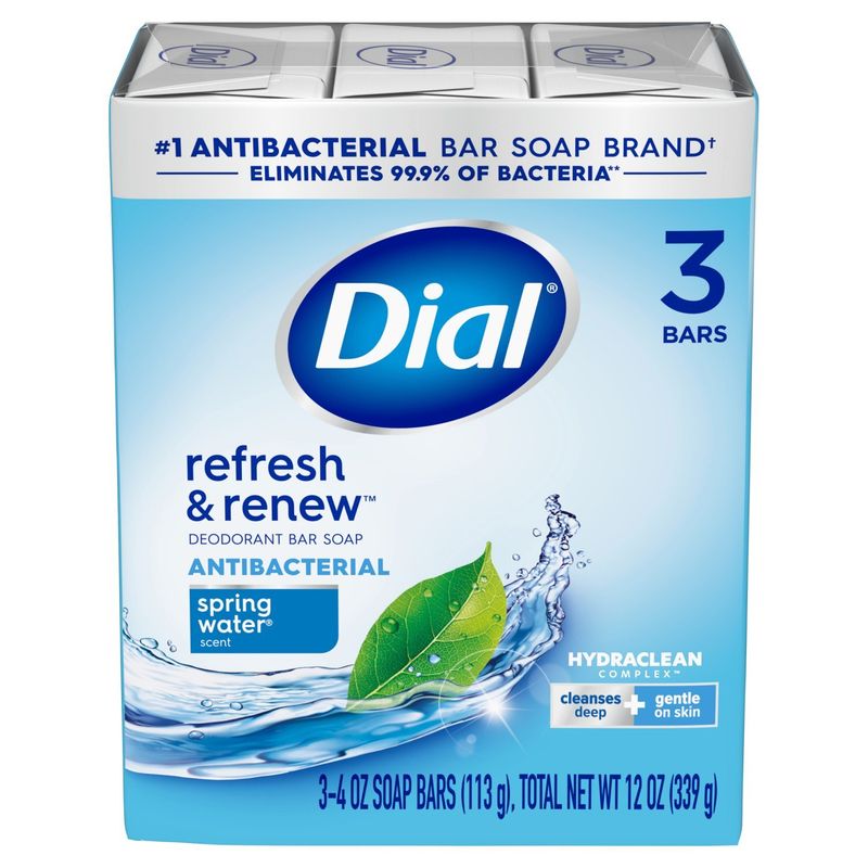 Dial Refresh &amp; Renew Spring Water Scent Antibacterial Deodorant Bar Soap, 4 oz, 3 count