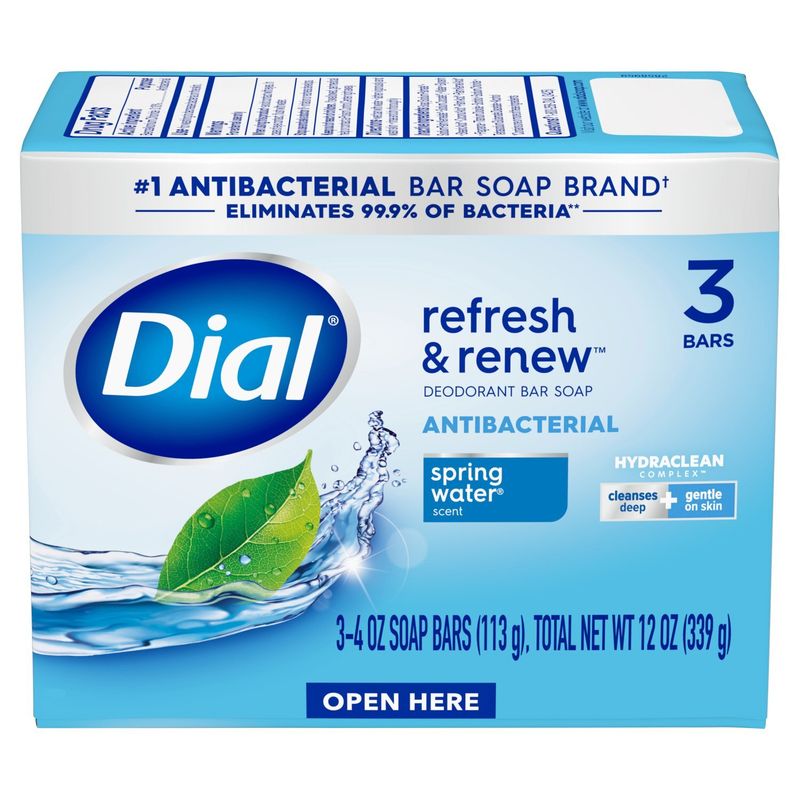 Dial Refresh &amp; Renew Spring Water Scent Antibacterial Deodorant Bar Soap, 4 oz, 3 count