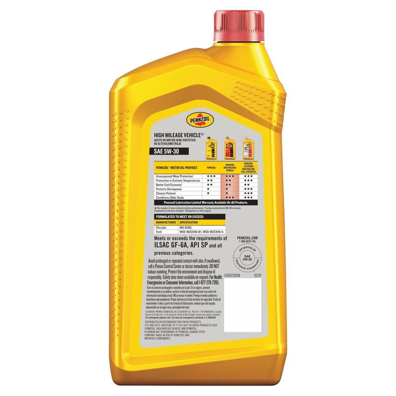 Pennzoil High Mileage Vehicle SAE 5W-30 Synthetic Blend Motor Oil, 1 qt