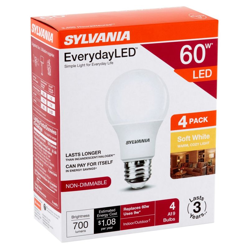 Sylvania Everyday LED 60W A19 Soft White Bulbs, 4 count