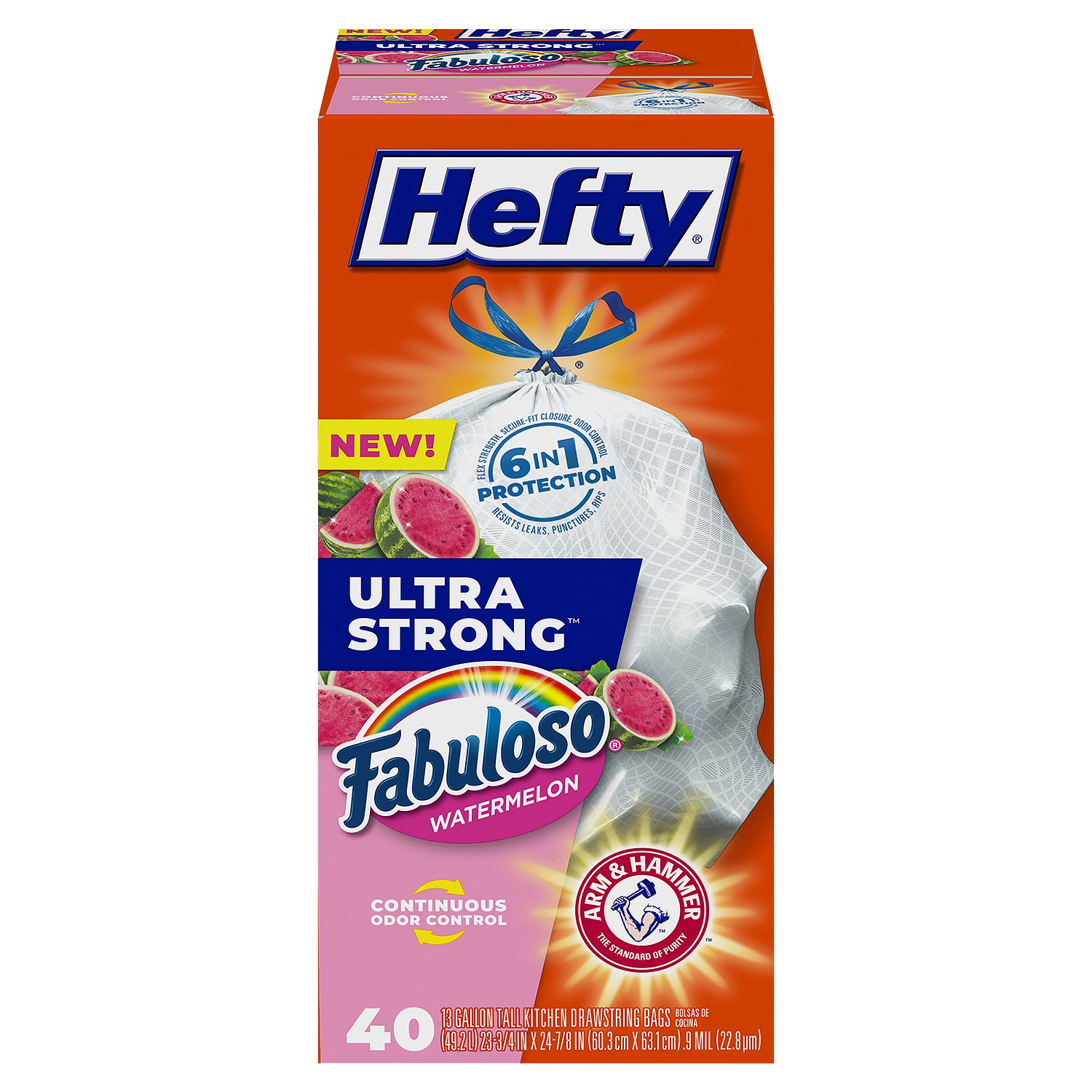 Hefty Ultra Strong Fabuloso Watermelon 13 Gallon Tall Kitchen Drawstring Bags, 40 count