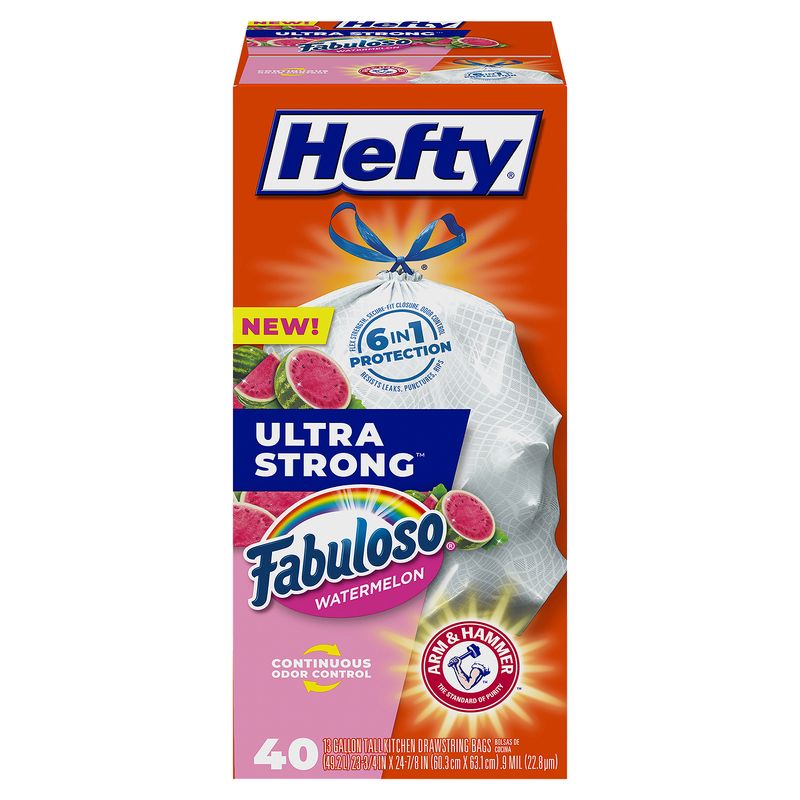 Hefty Ultra Strong Fabuloso Watermelon 13 Gallon Tall Kitchen Drawstring Bags, 40 count