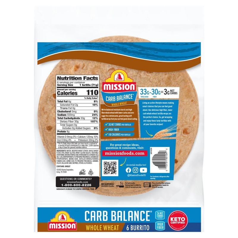 Mission Super Soft Carb Balance Whole Wheat Tortilla Wraps, 6 count, 15 oz