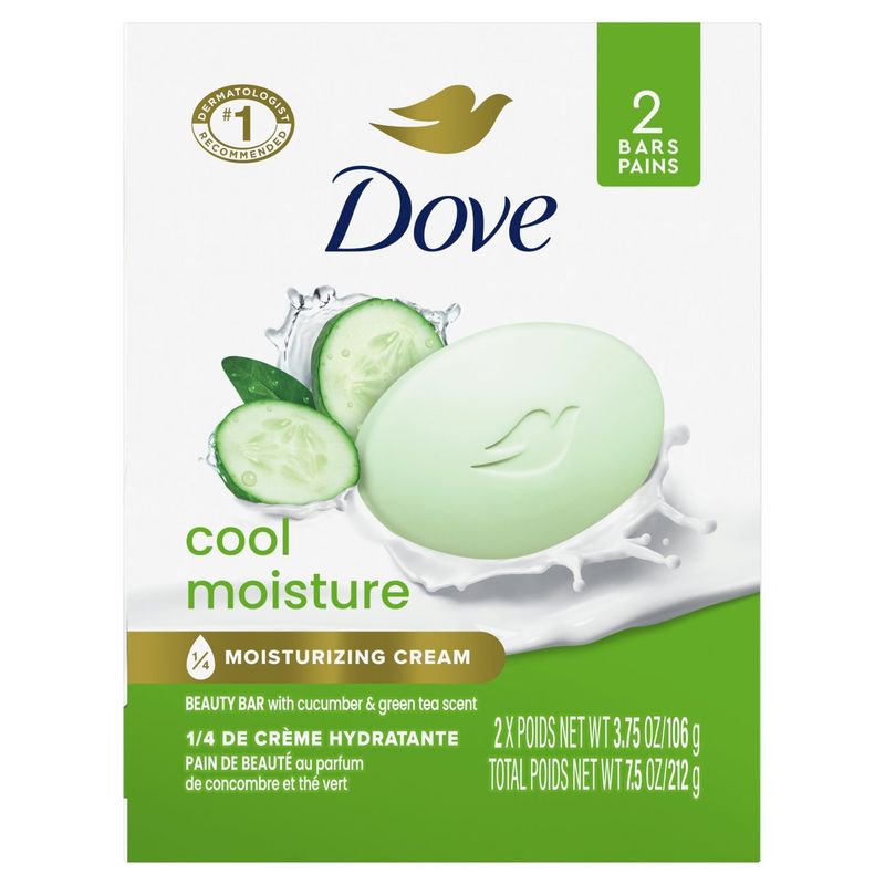 Dove Cool Moisture Beauty Bar with Cucumber &amp; Green Tea Scent, 3.75 oz, 2 count