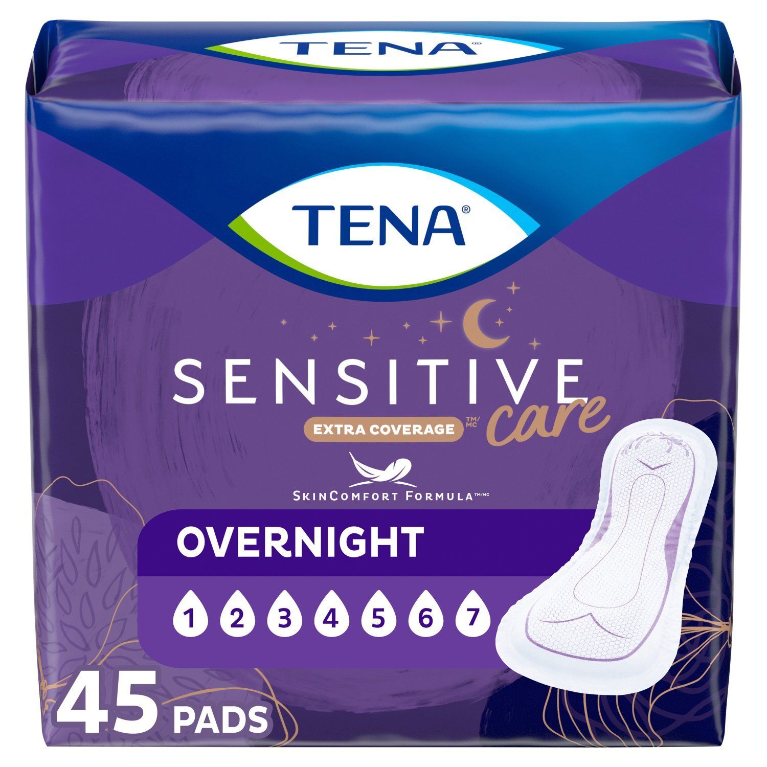 Tena Senstive Care Extra Coverage Overnight Pads, 45 count