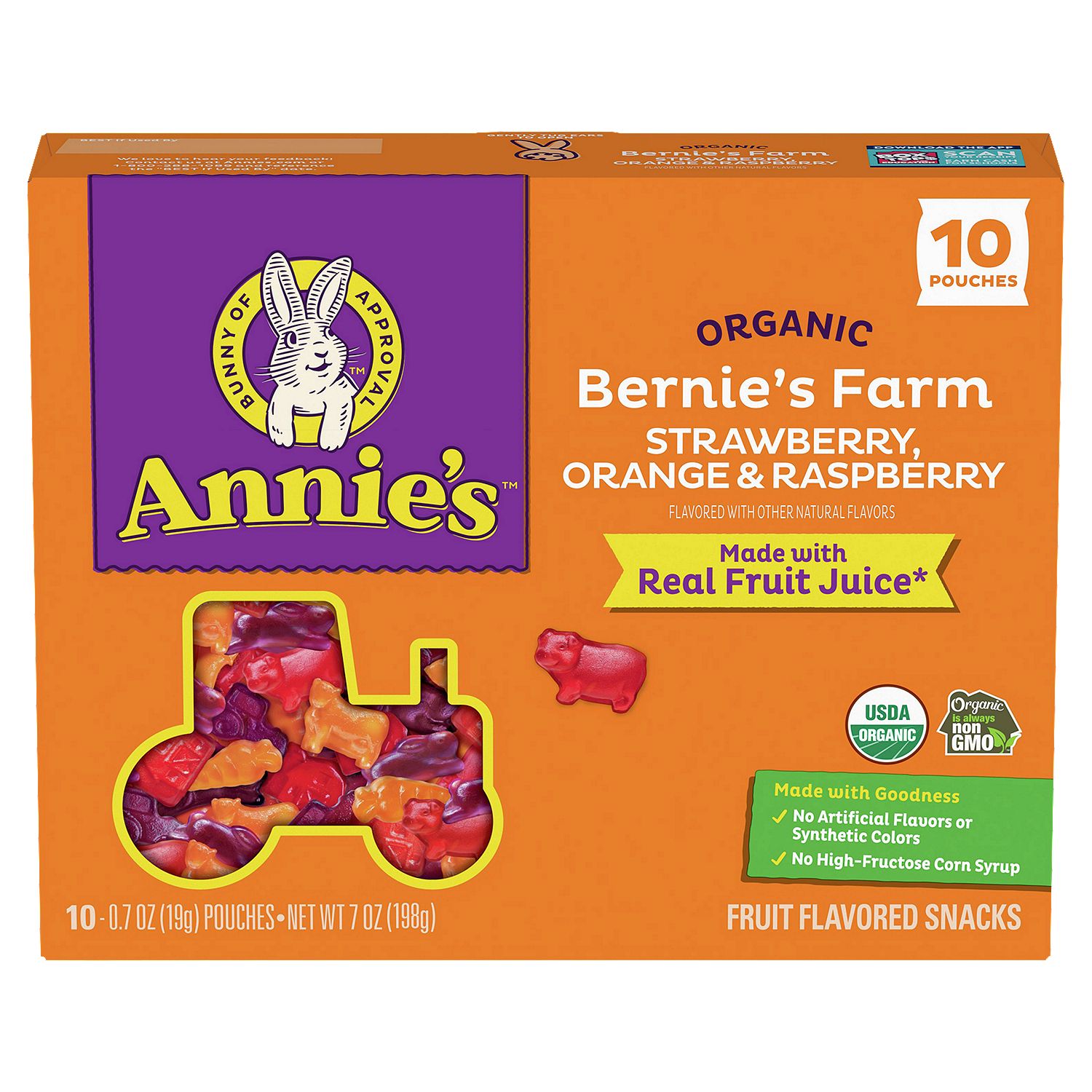 Annie's Organic Bernie's Farm Strawberry, Orange &amp; Raspberry Fruit Flavored Snacks, 0.7 oz, 10 count