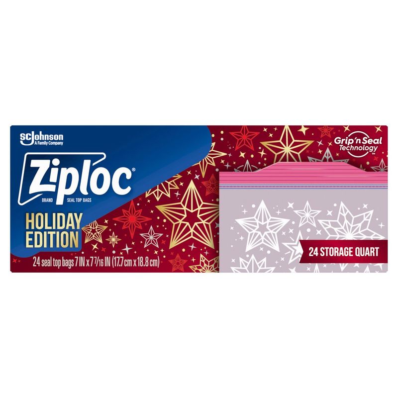 Ziploc Brand Storage Quart Seal Top Bags Holiday Edition, 24 count