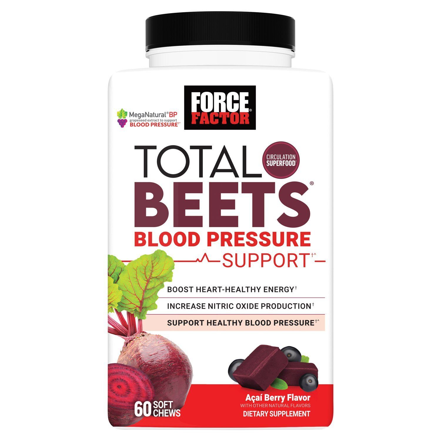 Force Factor Total Beets Blood Pressure Açaí Berry Flavor Dietary Supplement, 60 count