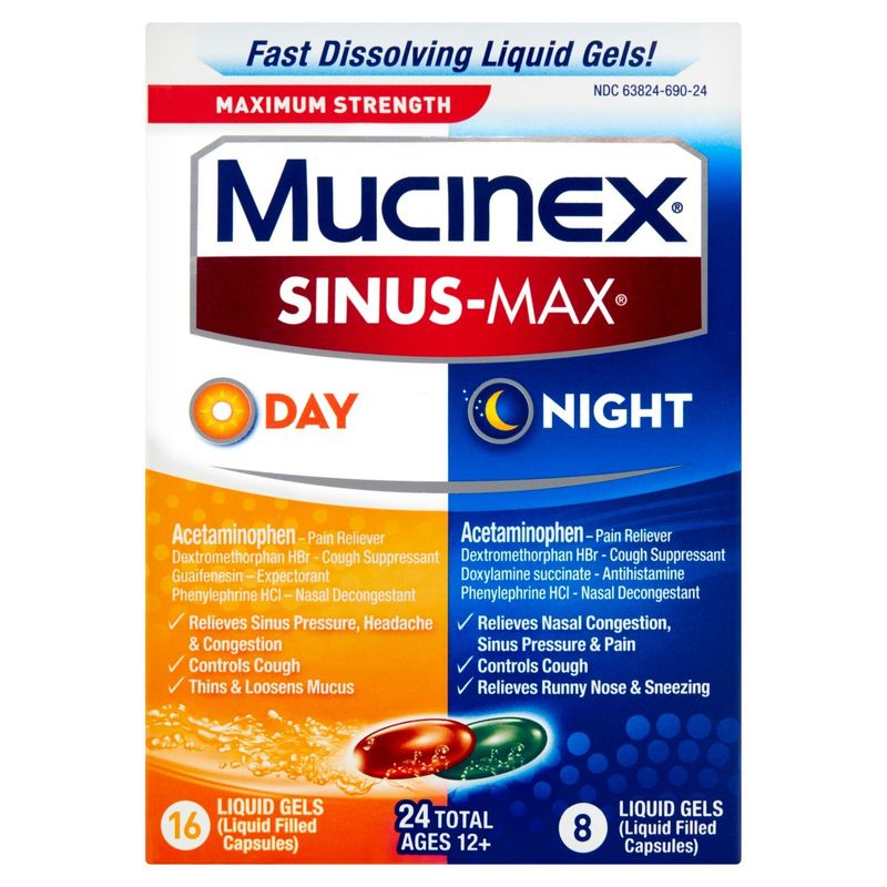Mucinex Sinus-Max Maximum Strength Day &amp; Night Liquid Gels Value Pack, Ages 12+, 24 count