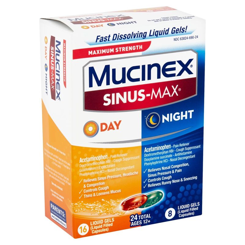 Mucinex Sinus-Max Maximum Strength Day &amp; Night Liquid Gels Value Pack, Ages 12+, 24 count