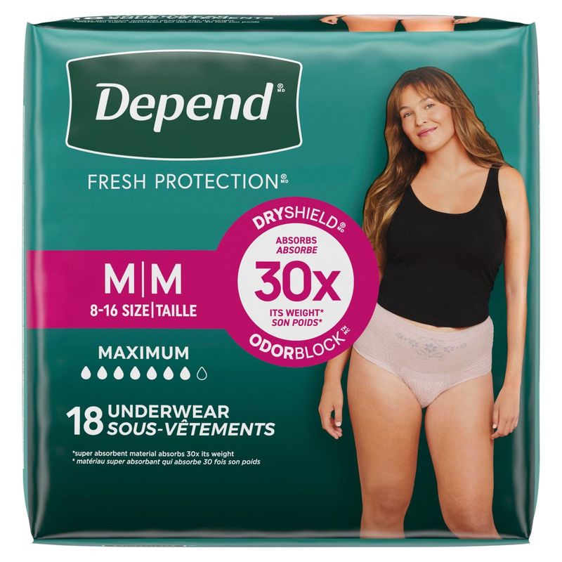 Depend Fresh Protection Maximum Underwear, Size M, 18 count