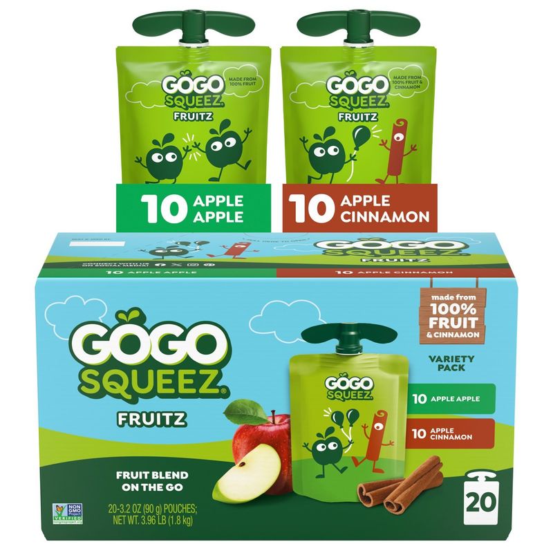 GoGo Squeez Fruitz AppleApple and AppleCinnamon Fruit Blend on the Go Variety Pack, 3.2 oz, 20 count