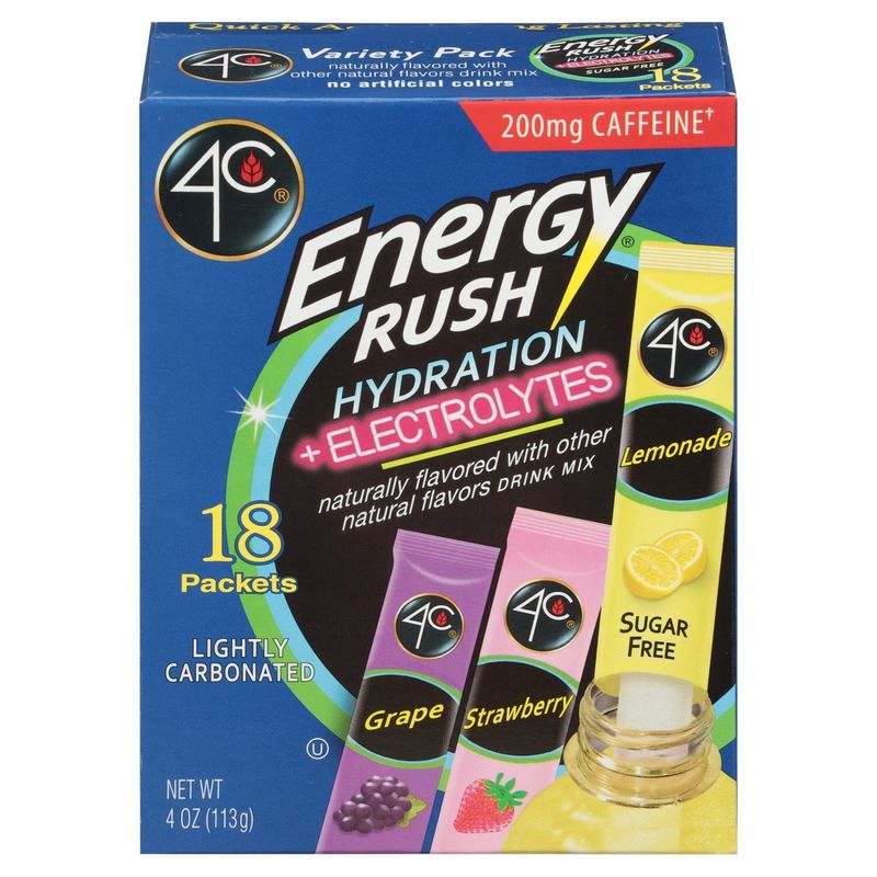 4C Energy Rush Hydration +Electrolytes Drink Mix Variety Pack, 18 count, 4 oz