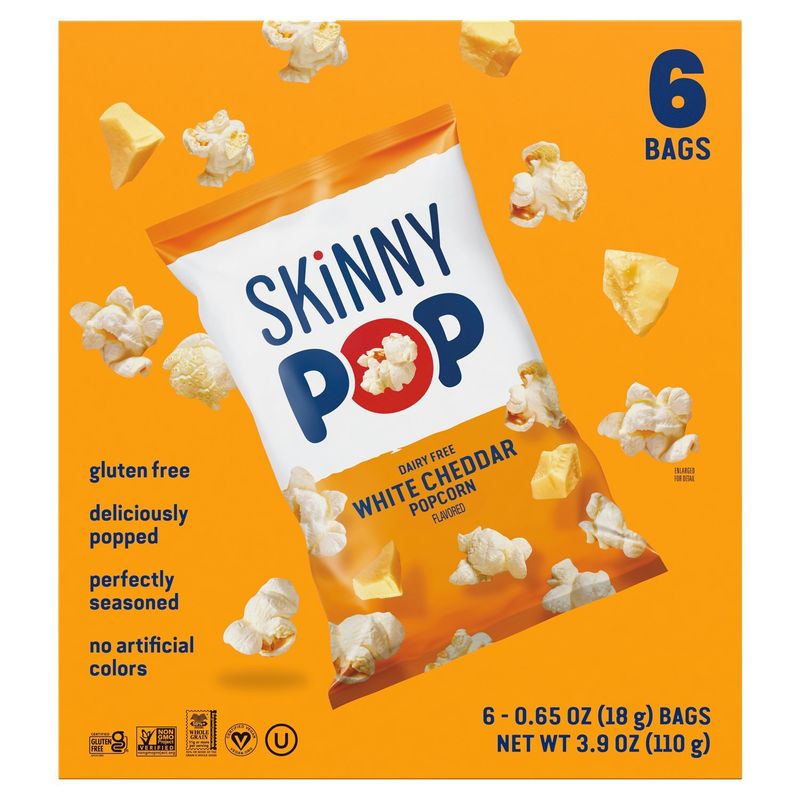 Skinny Pop Dairy Free White Cheddar Popcorn, 0.65 oz, 6 count