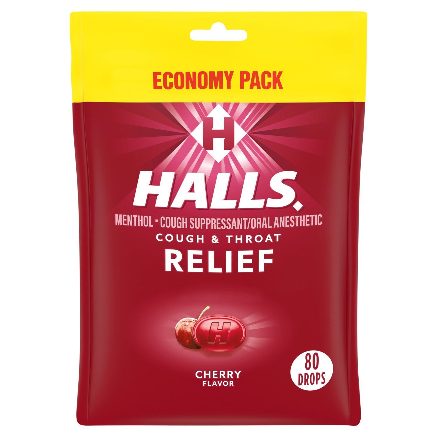 Halls Cough &amp; Throat Relief Cherry Flavor Menthol Drops Economy Pack, 80 count