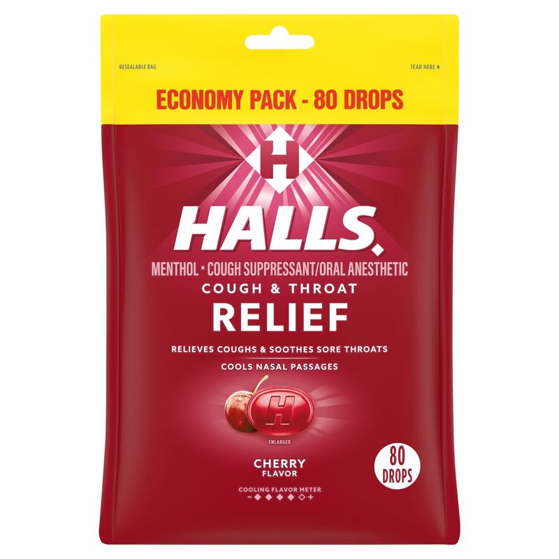Halls Cough &amp; Throat Relief Cherry Flavor Menthol Drops Economy Pack, 80 count