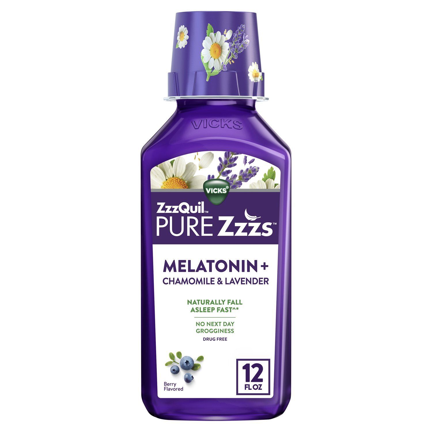 Vicks ZzzQuil Pure Zzzs Berry Flavored Melatonin + Chamomile &amp; Lavender Dietary Supplement, 12 fl oz
