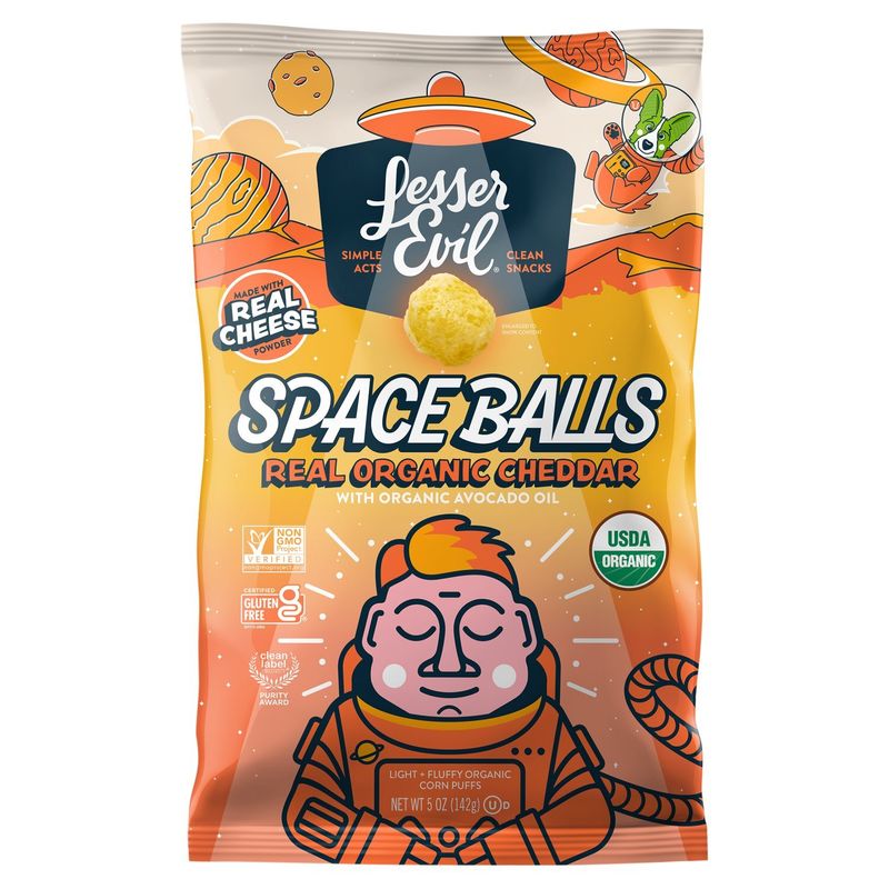LesserEvil Space Balls Real Organic Cheddar Light + Fluffy Organic Corn Puffs, 5 oz