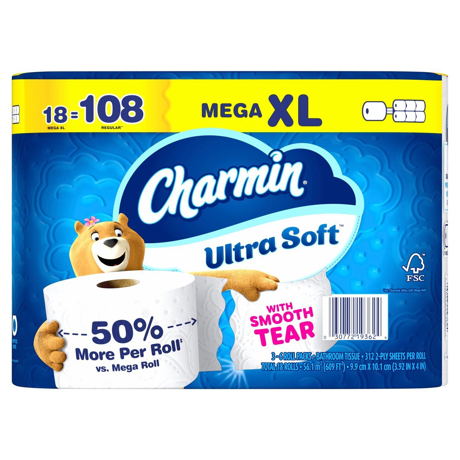 Charmin Ultra Soft Mega XL Toilet Paper Rolls, 312 2-ply sheets per roll, 18 count