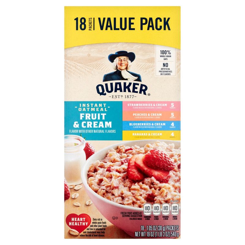 Quaker Fruit &amp; Cream Instant Oatmeal Value Pack, 18 count, 1.05 oz