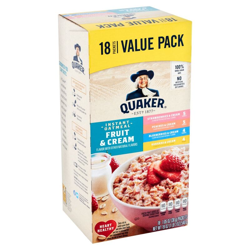 Quaker Fruit &amp; Cream Instant Oatmeal Value Pack, 18 count, 1.05 oz