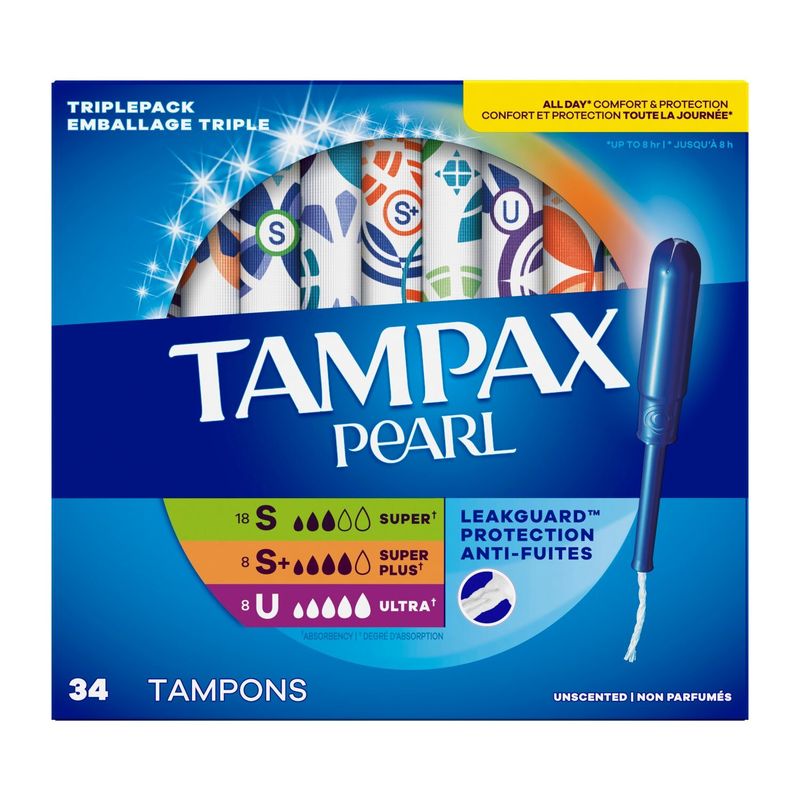 TAMPAX PEARL Super, Super Plus and Ultra Absorbency Unscented Tampons Triplepack, 34 count